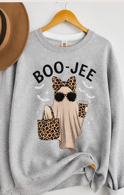 Boo-Jee Ghost Halloween Sweatshirt | Trendy Leopard Print Ghost Crewneck | Cute Fall Coffee Sweatshirt for Women