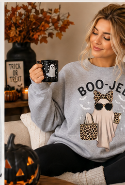 Boo-Jee Ghost Halloween Sweatshirt | Trendy Leopard Print Ghost Crewneck | Cute Fall Coffee Sweatshirt for Women