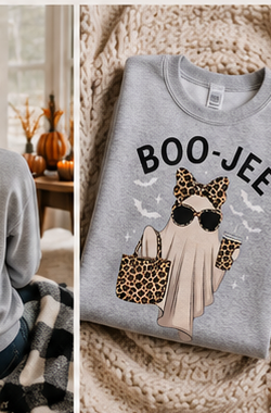 Boo-Jee Ghost Halloween Sweatshirt | Trendy Leopard Print Ghost Crewneck | Cute Fall Coffee Sweatshirt for Women