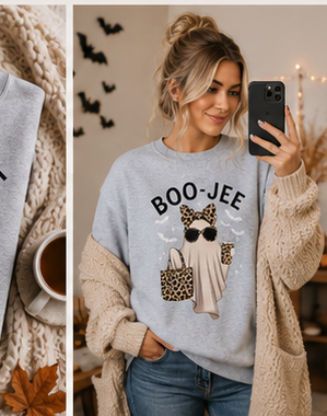 Boo-Jee Ghost Halloween Sweatshirt | Trendy Leopard Print Ghost Crewneck | Cute Fall Coffee Sweatshirt for Women