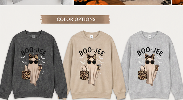 Boo-Jee Ghost Halloween Sweatshirt | Trendy Leopard Print Ghost Crewneck | Cute Fall Coffee Sweatshirt for Women