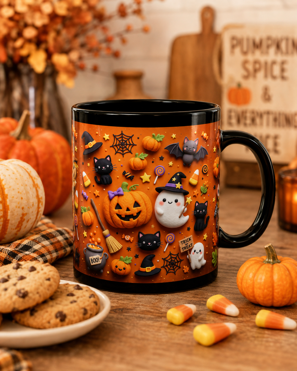 Cute Halloween Mug – Ghost, Pumpkin & Black Cat Coffee Cup | 11 oz & 15 oz