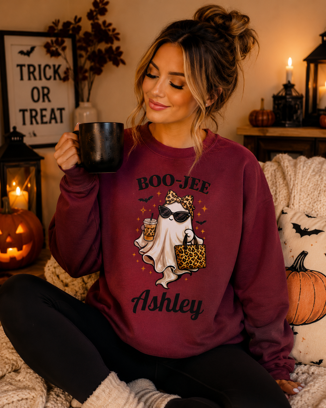 Personalized BOO-JEE Ghost Halloween Sweatshirt | Cute Leopard Print Spooky Season Crewneck