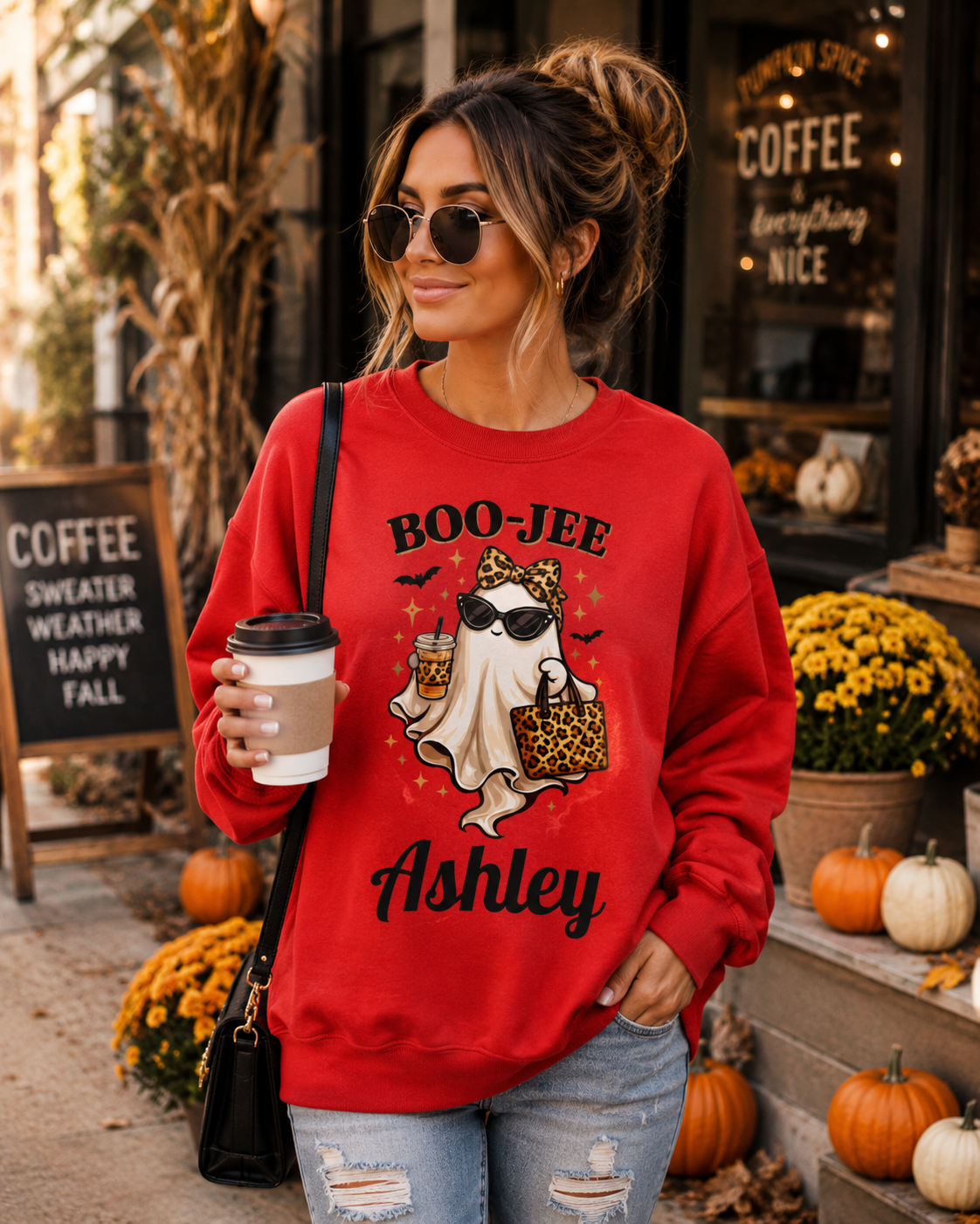 Personalized BOO-JEE Ghost Halloween Sweatshirt | Cute Leopard Print Spooky Season Crewneck
