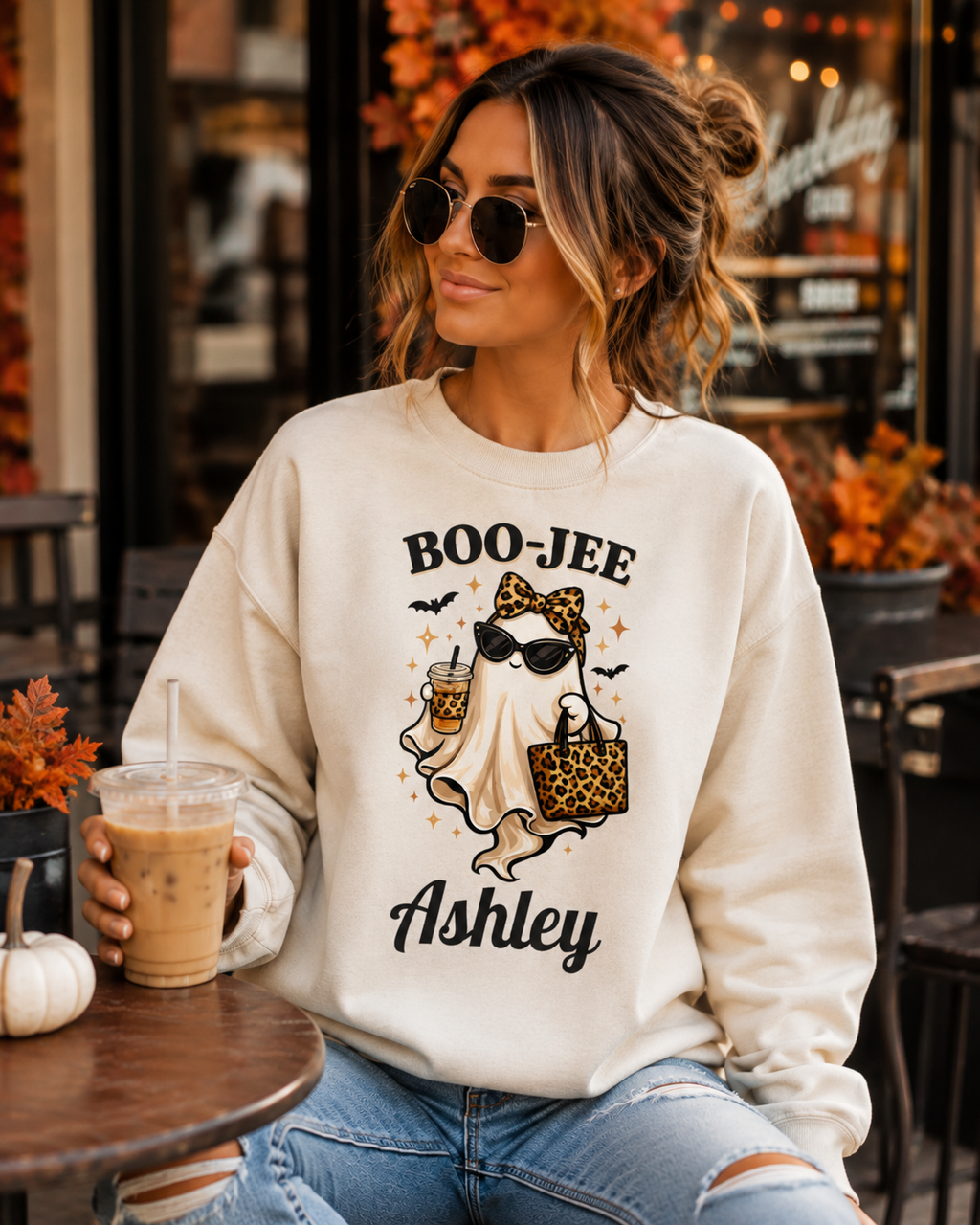 Personalized BOO-JEE Ghost Halloween Sweatshirt | Cute Leopard Print Spooky Season Crewneck