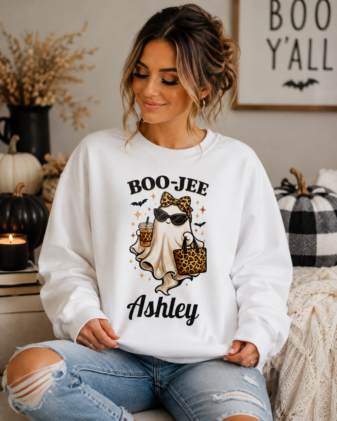 Personalized BOO-JEE Ghost Halloween Sweatshirt | Cute Leopard Print Spooky Season Crewneck