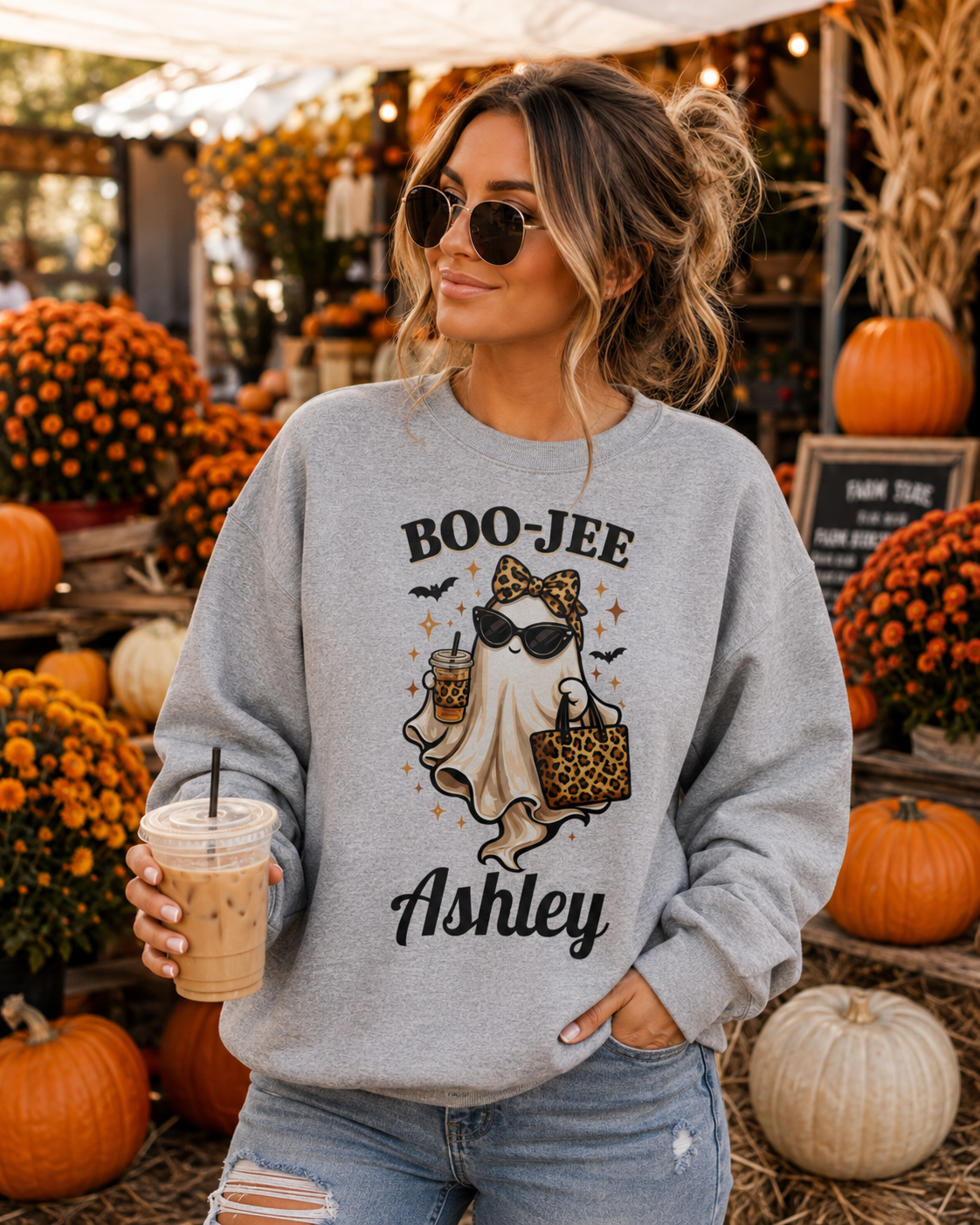 Personalized BOO-JEE Ghost Halloween Sweatshirt | Cute Leopard Print Spooky Season Crewneck