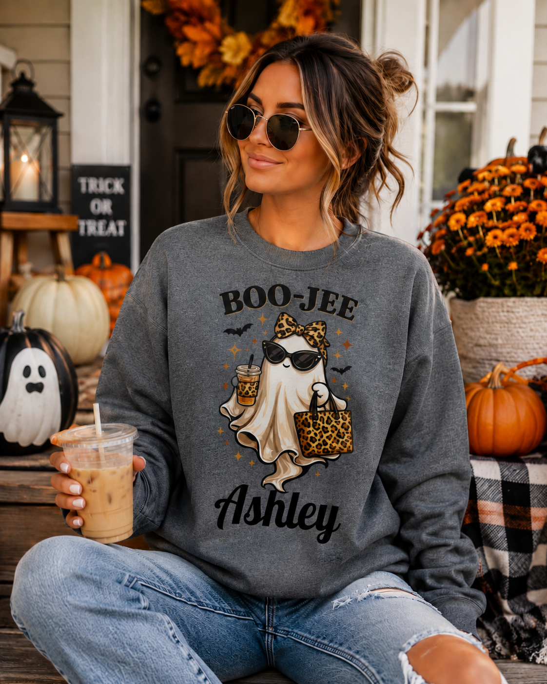 Personalized BOO-JEE Ghost Halloween Sweatshirt | Cute Leopard Print Spooky Season Crewneck
