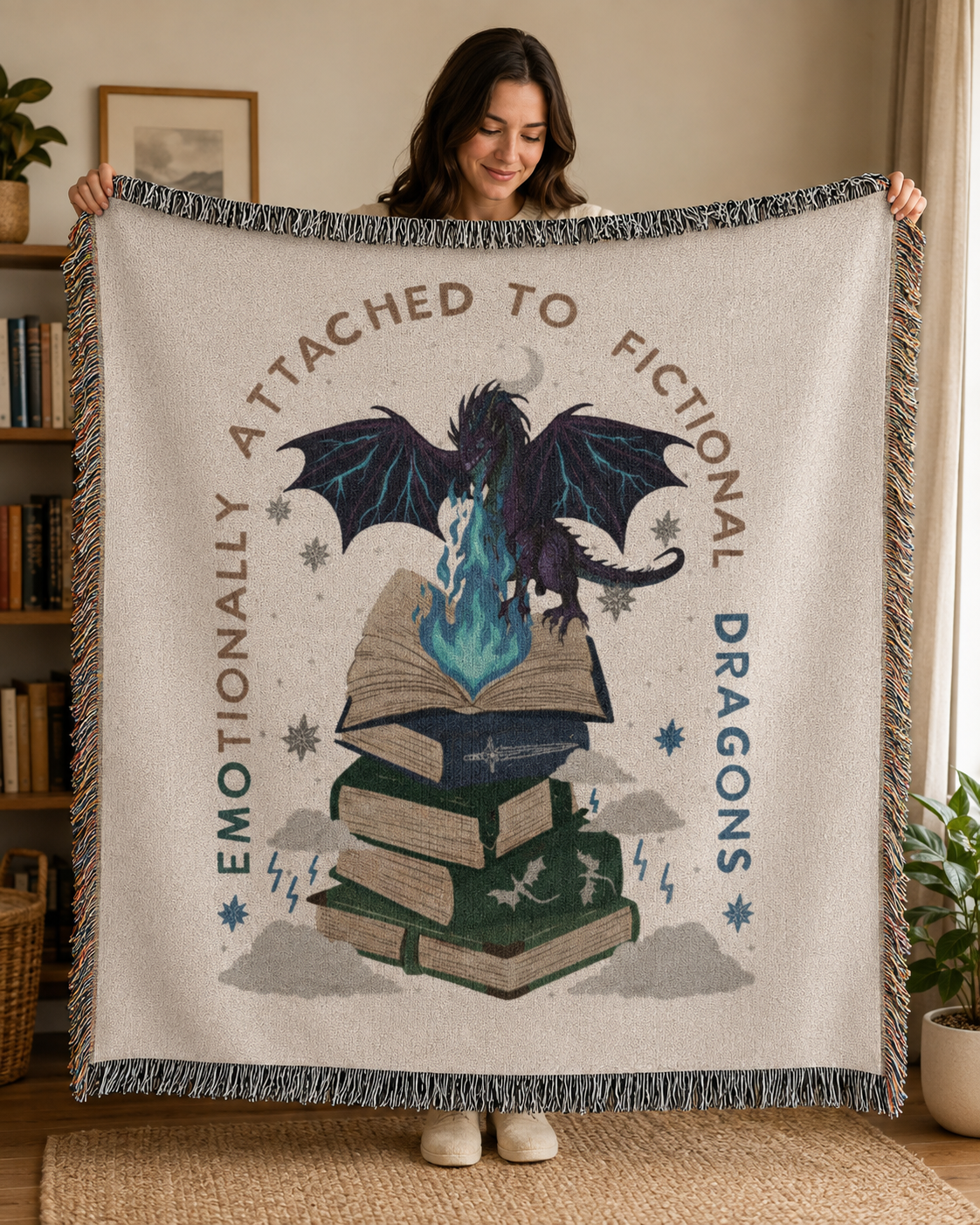 Emotionally Attached to Fictional Dragons Woven Throw Blanket