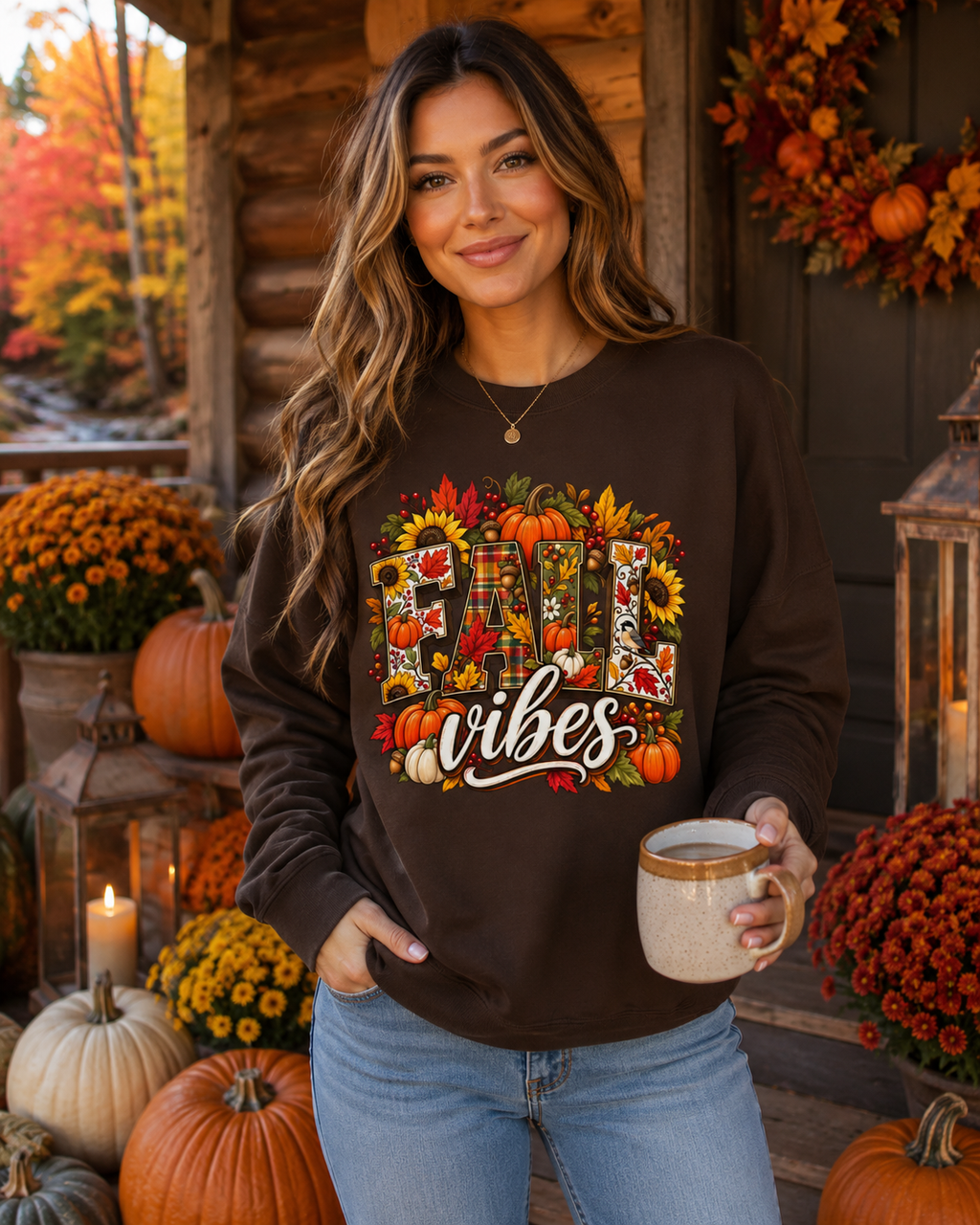 Fall Vibes Sweatshirt – Colorful Autumn Pumpkin & Plaid Crewneck