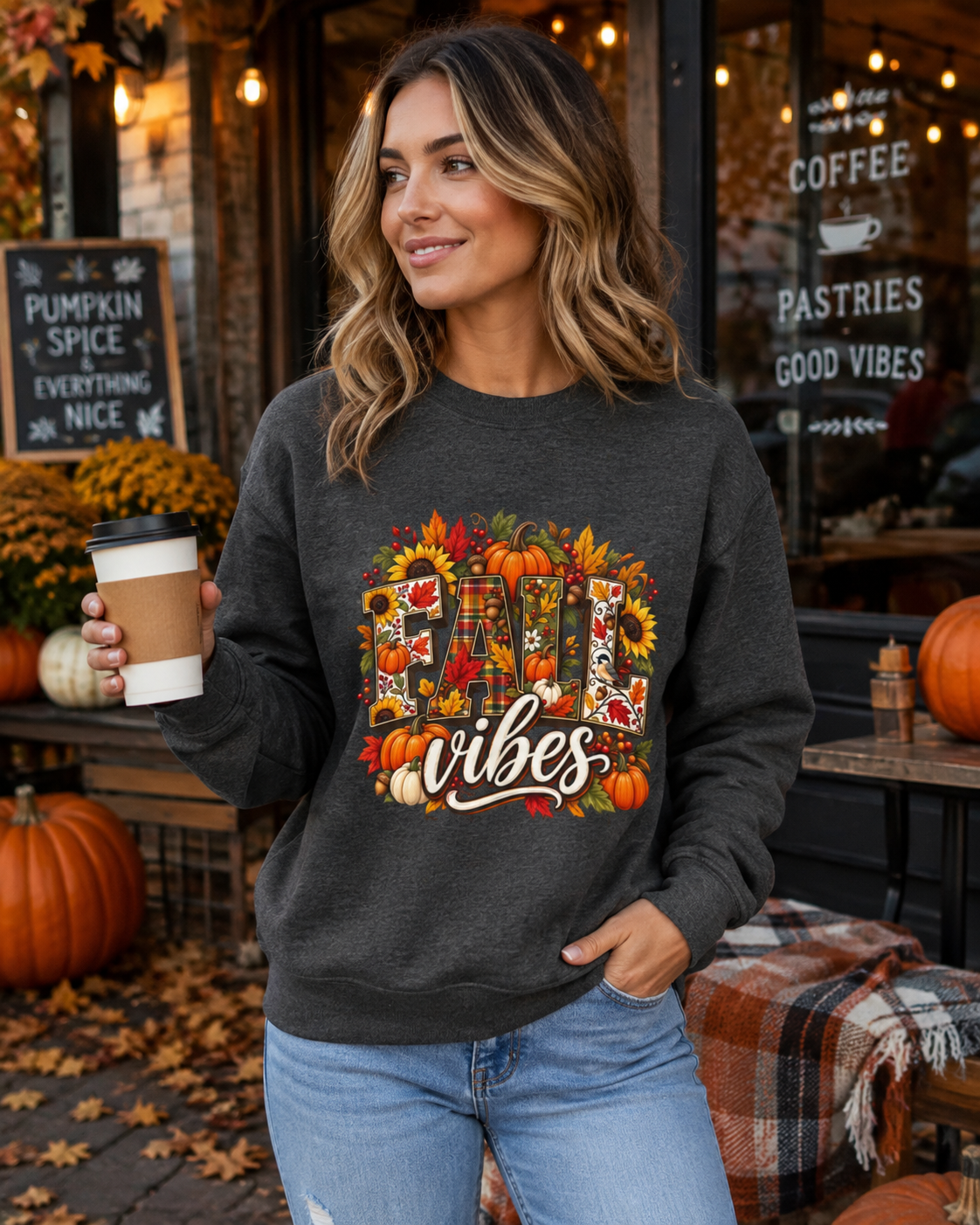 Fall Vibes Sweatshirt – Colorful Autumn Pumpkin & Plaid Crewneck