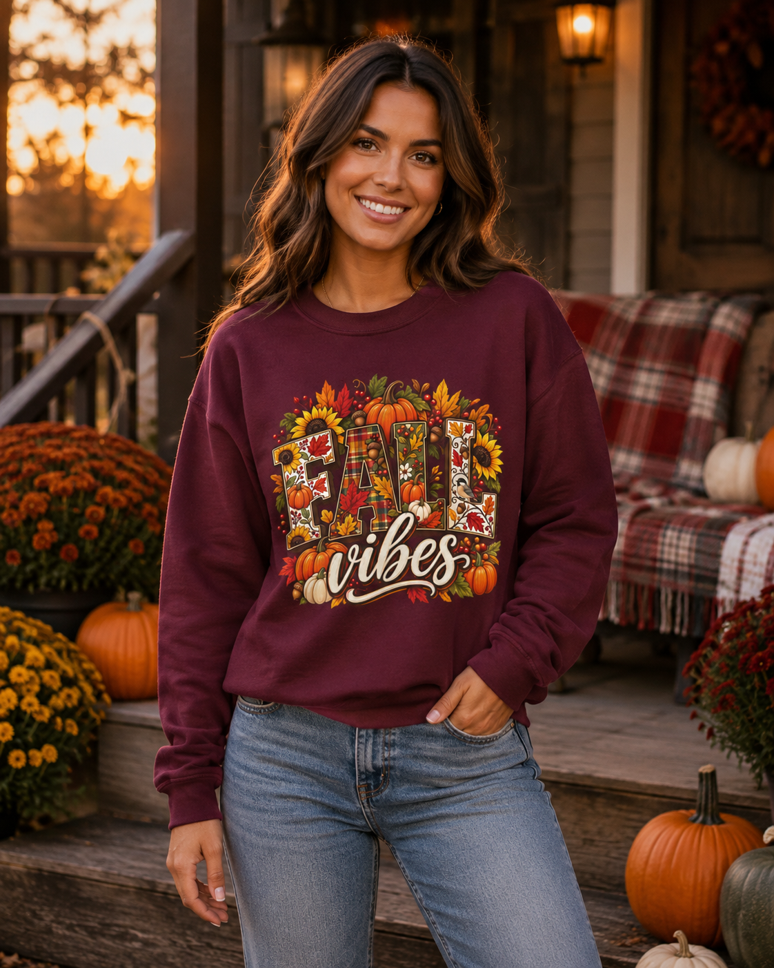 Fall Vibes Sweatshirt – Colorful Autumn Pumpkin & Plaid Crewneck