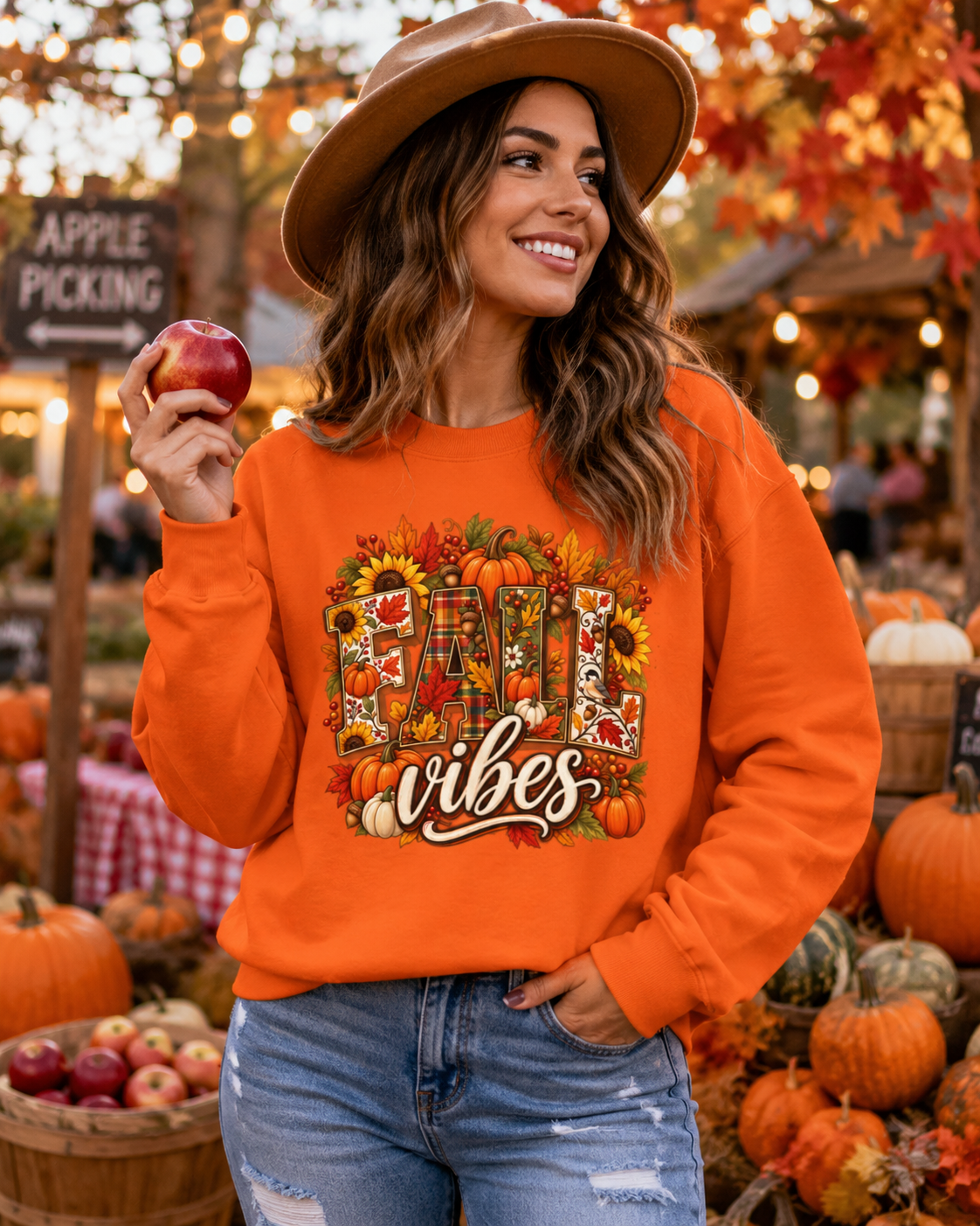 Fall Vibes Sweatshirt – Colorful Autumn Pumpkin & Plaid Crewneck