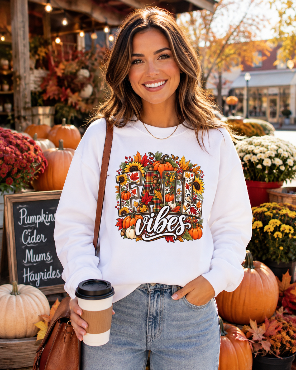 Fall Vibes Sweatshirt – Colorful Autumn Pumpkin & Plaid Crewneck