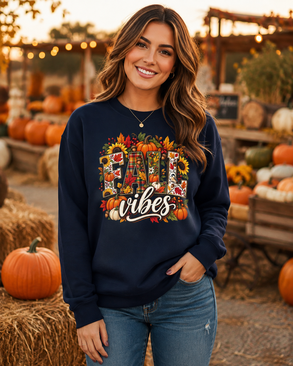 Fall Vibes Sweatshirt – Colorful Autumn Pumpkin & Plaid Crewneck