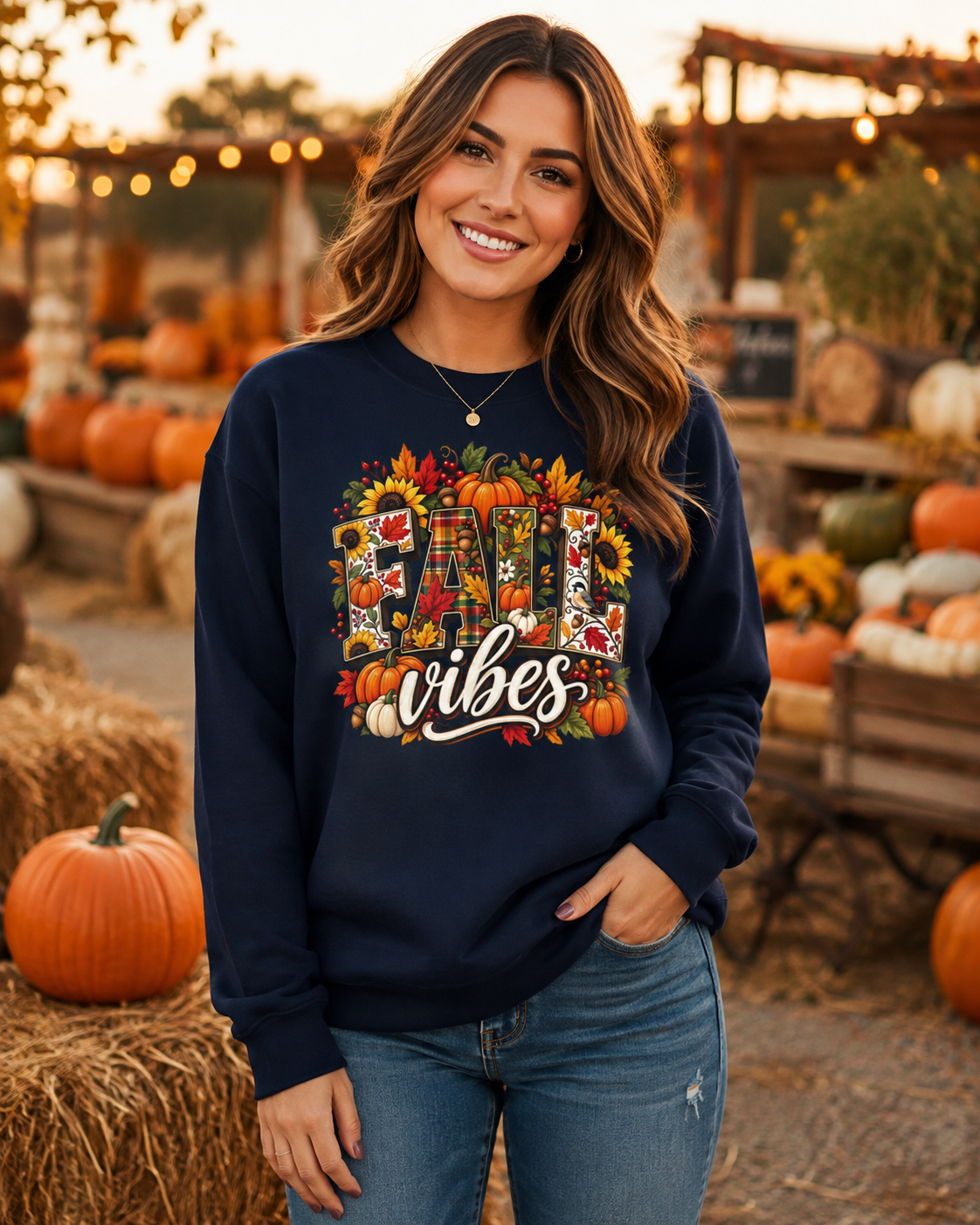Fall Vibes Sweatshirt – Colorful Autumn Pumpkin & Plaid Crewneck