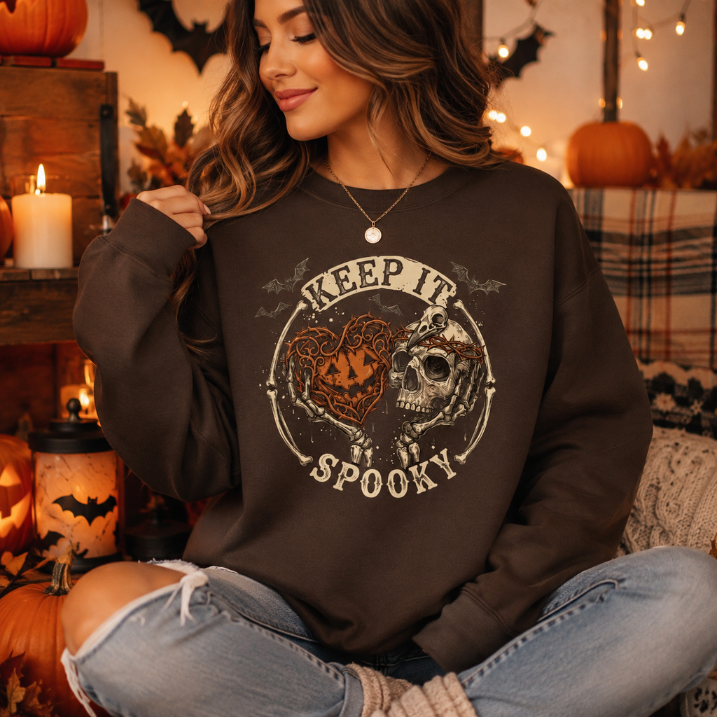 Keep It Spooky Halloween Crewneck Sweatshirt | Vintage Skeleton & Pumpkin Graphic PulloverUnisex Crewneck Sweatshirt