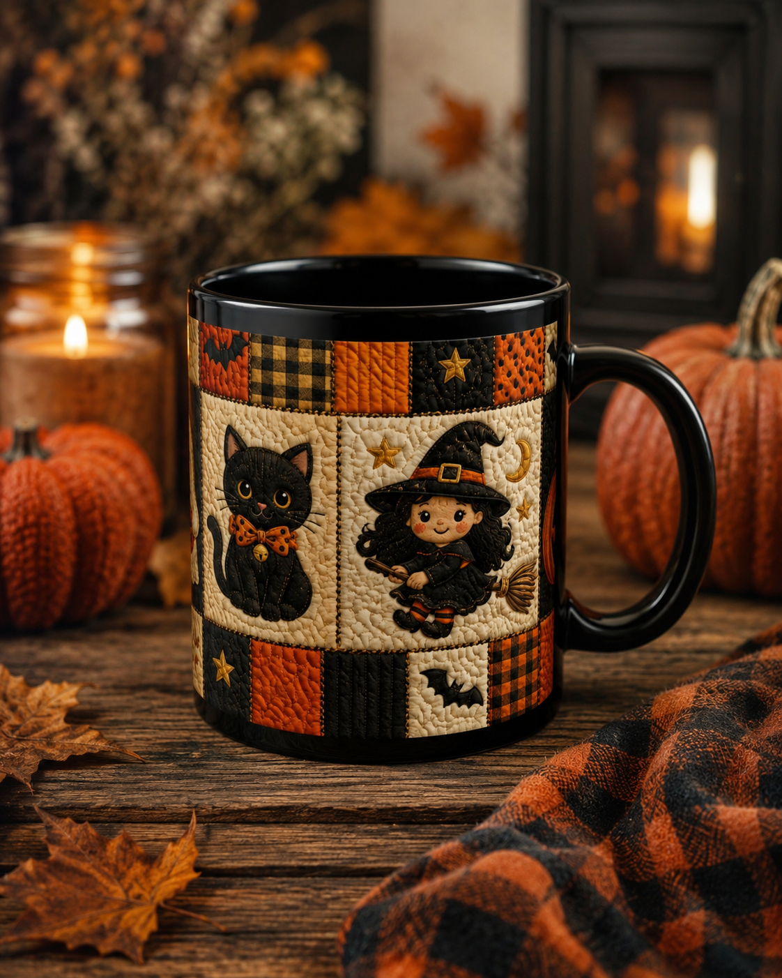 Quilted Halloween Mug – Cute Witch & Black Cat Coffee Cup | Black 11 oz & 15 oz