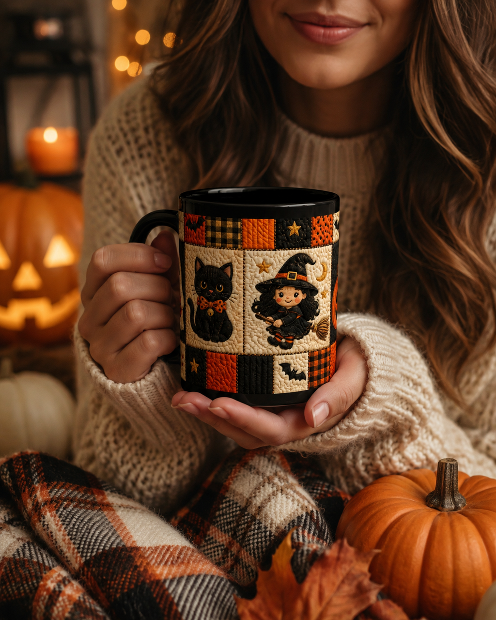 Quilted Halloween Mug – Cute Witch & Black Cat Coffee Cup | Black 11 oz & 15 oz