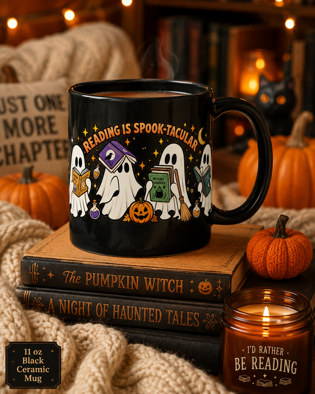 Reading Is Spook-Tacular Halloween Mug – Cute Ghost Book Lover Mug | Black 11 oz & 15 oz