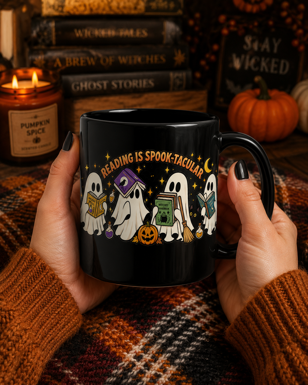 Reading Is Spook-Tacular Halloween Mug – Cute Ghost Book Lover Mug | Black 11 oz & 15 oz