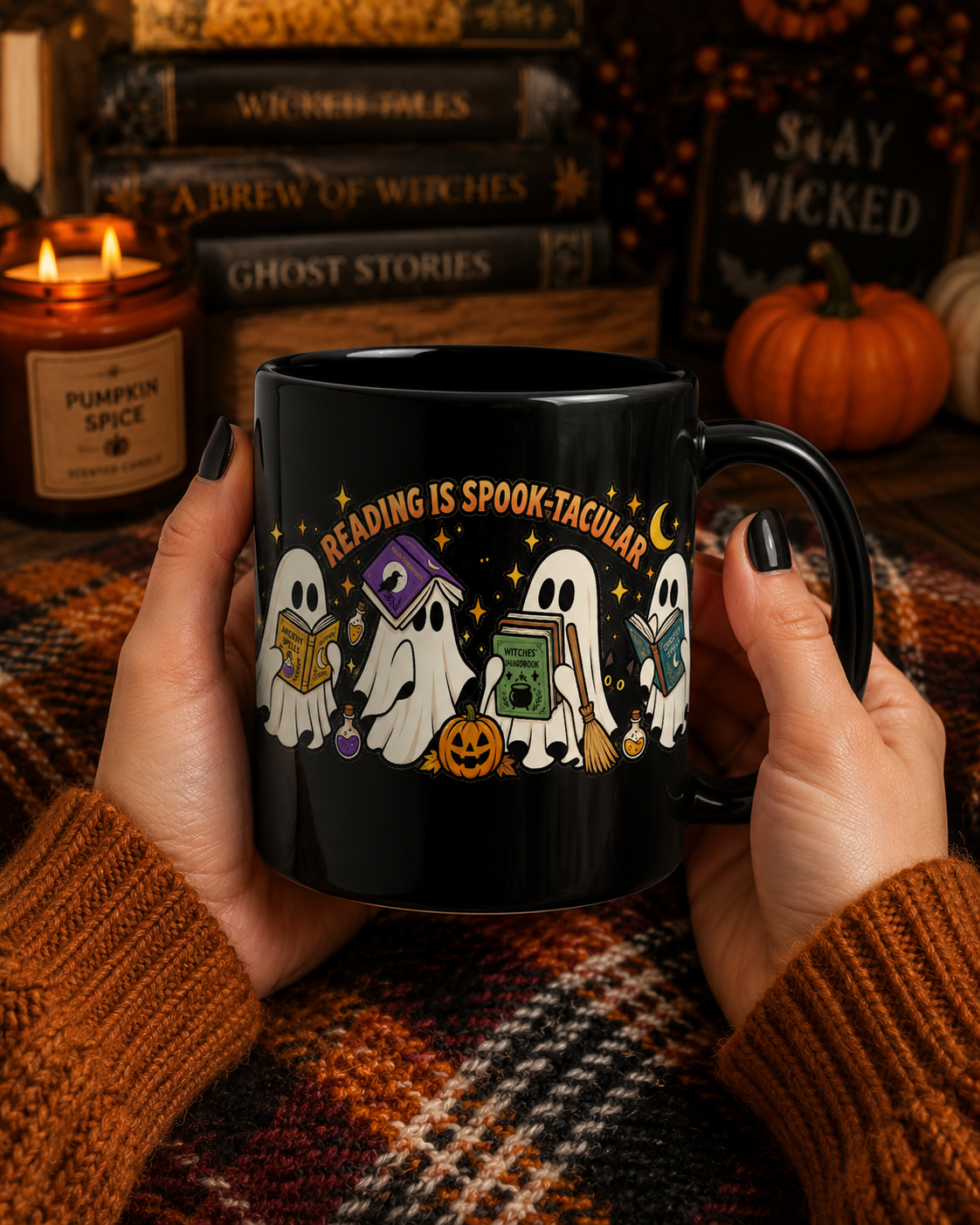 Reading Is Spook-Tacular Halloween Mug – Cute Ghost Book Lover Mug | Black 11 oz & 15 oz