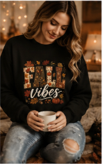 Fall Vibes Crewneck Sweatshirt | Cozy Autumn Sweatshirt for Women | Cute Pumpkin & Leaves Graphic Sweatshirt | Soft Unisex Fall Pullover