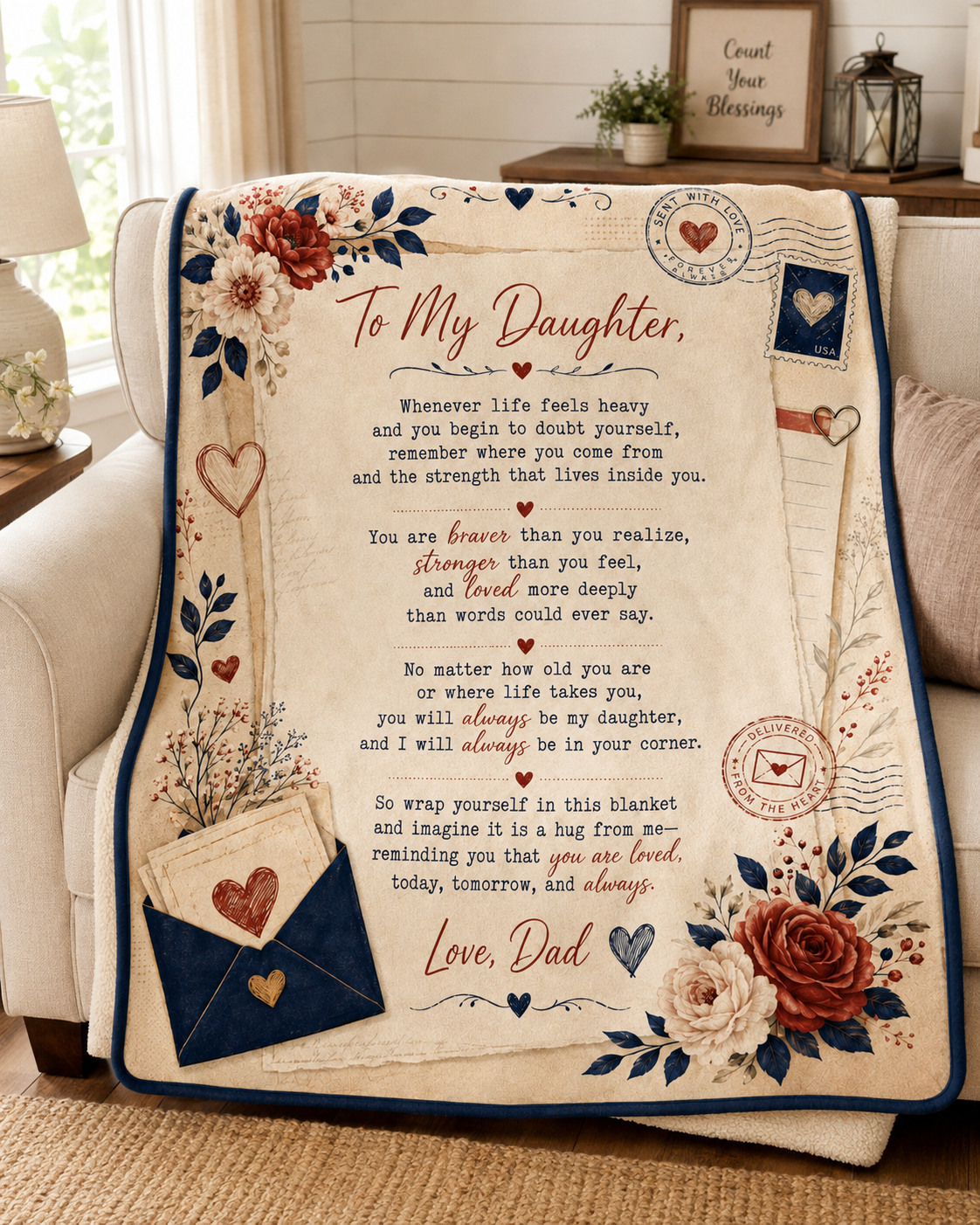 To My Daughter Sent With Love Blanket – Meaningful Gift from Dad, Inspirational Daughter Keepsake Blanket