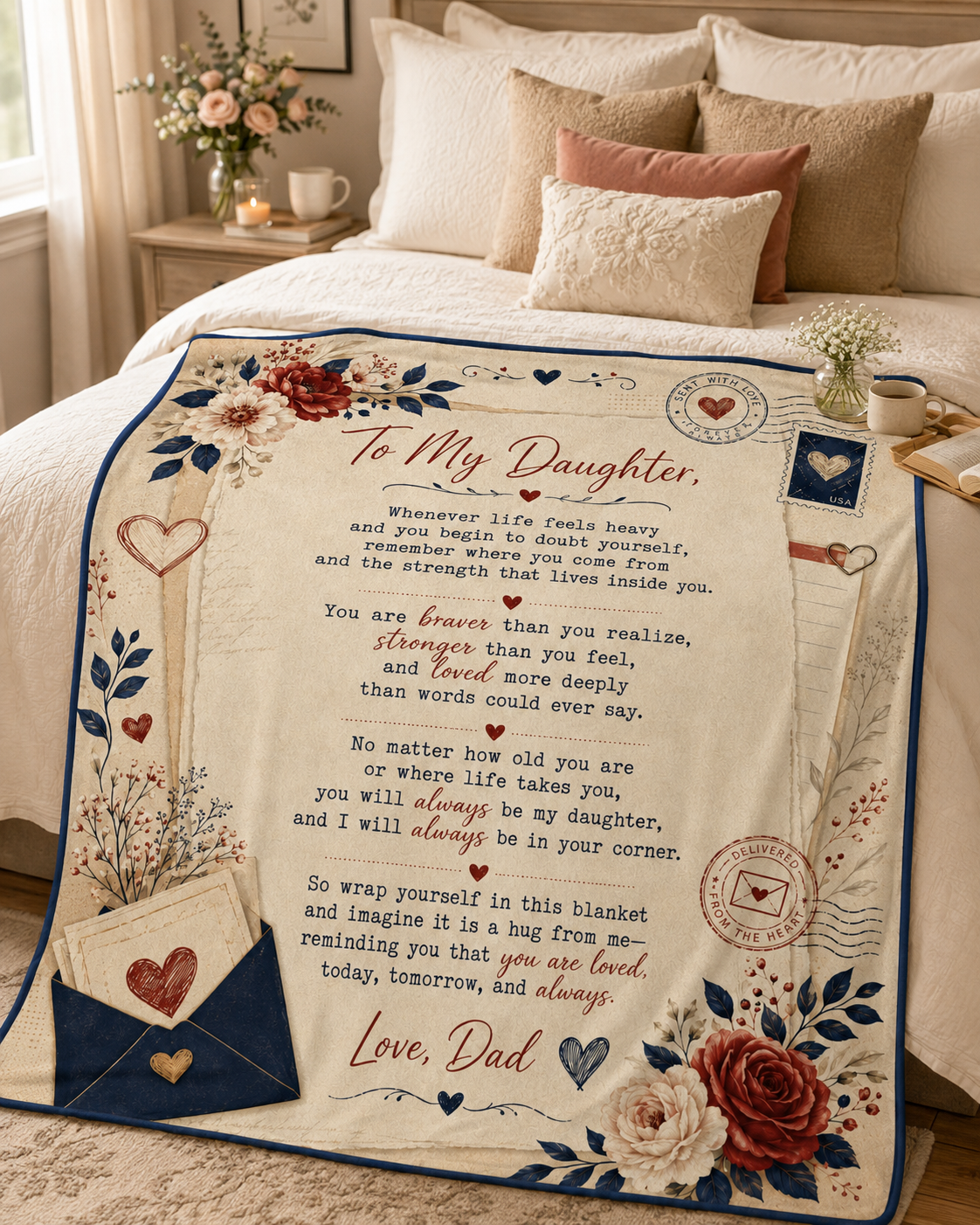 To My Daughter Sent With Love Blanket – Meaningful Gift from Dad, Inspirational Daughter Keepsake Blanket
