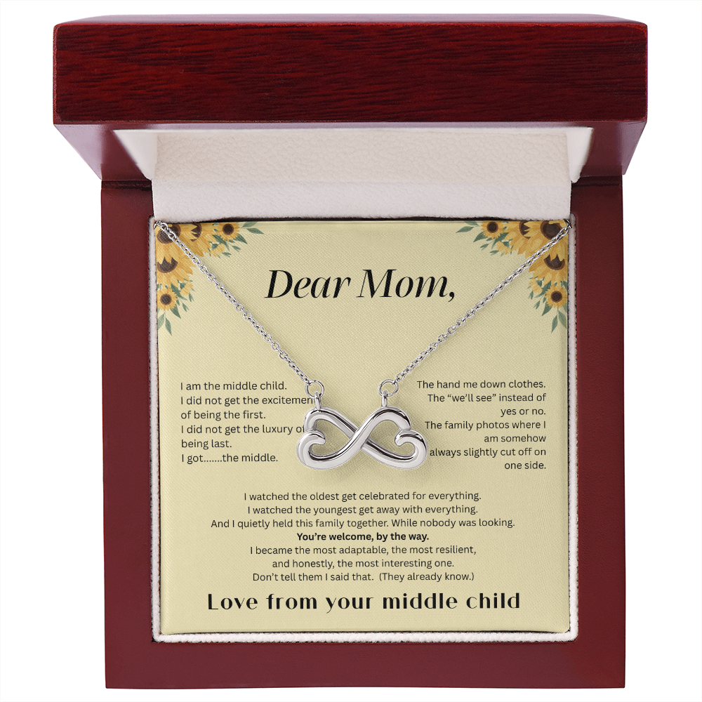 Middle Child™ Love Knot Necklace | Funny Gift for Mom from Middle Child | Birth Order Necklace | Humorous Message Card with ShineOn Necklace