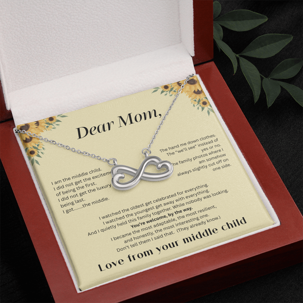 Middle Child™ Love Knot Necklace | Funny Gift for Mom from Middle Child | Birth Order Necklace | Humorous Message Card with ShineOn Necklace