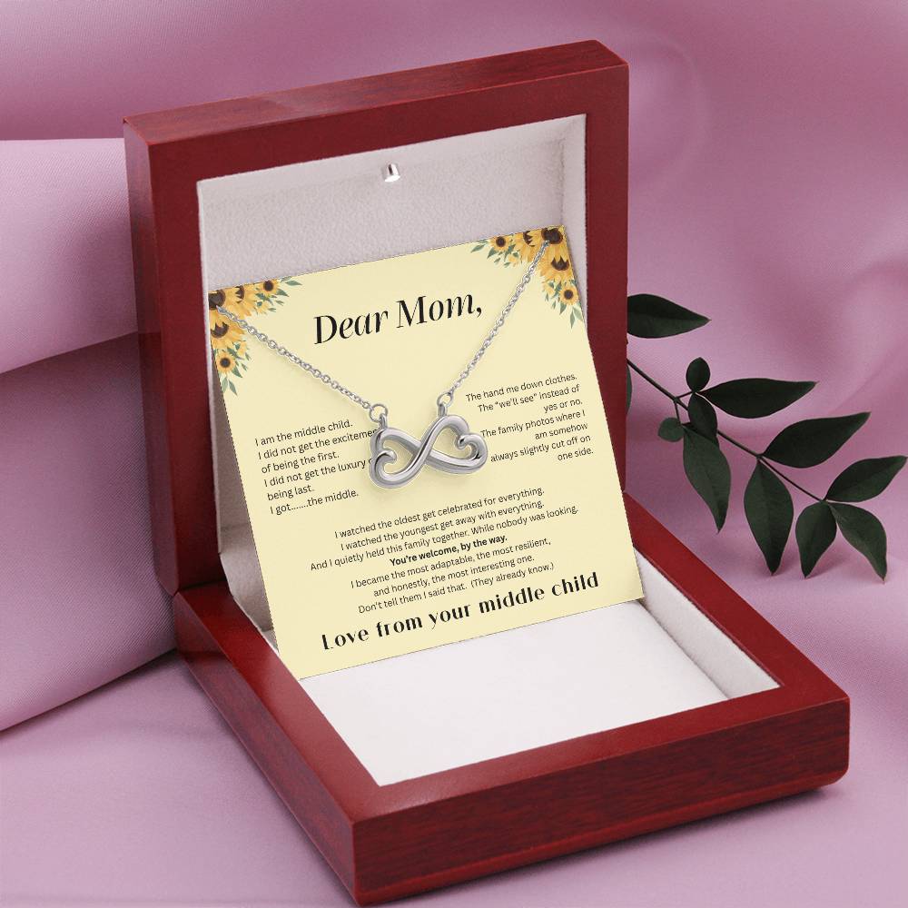 Middle Child™ Love Knot Necklace | Funny Gift for Mom from Middle Child | Birth Order Necklace | Humorous Message Card with ShineOn Necklace