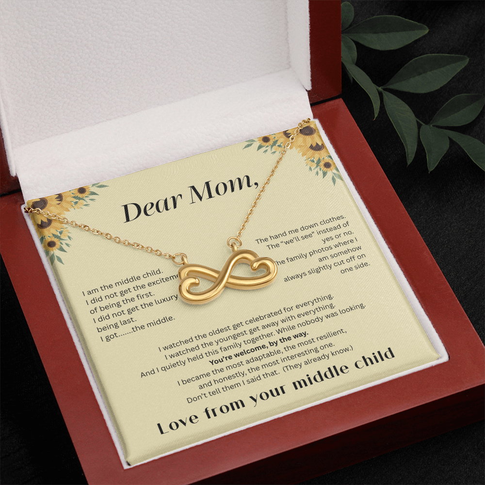 Middle Child™ Love Knot Necklace | Funny Gift for Mom from Middle Child | Birth Order Necklace | Humorous Message Card with ShineOn Necklace