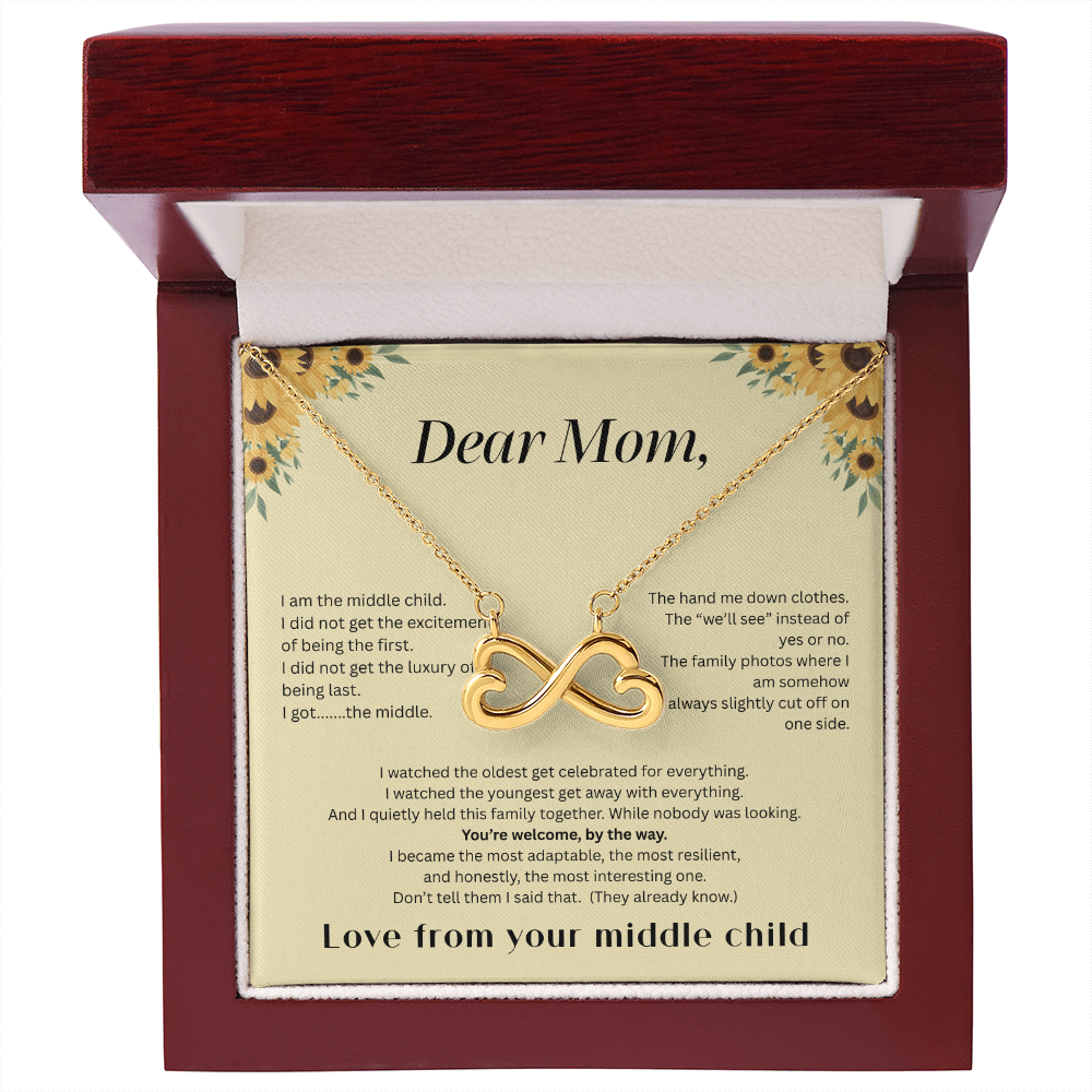 Middle Child™ Love Knot Necklace | Funny Gift for Mom from Middle Child | Birth Order Necklace | Humorous Message Card with ShineOn Necklace
