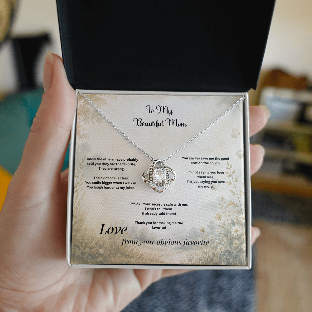 The Favorite Child™ Love Knot Necklace | Funny Mom Gift from Daughter or Son | Birth Order Necklace | Funny Message Card Gift for Mom