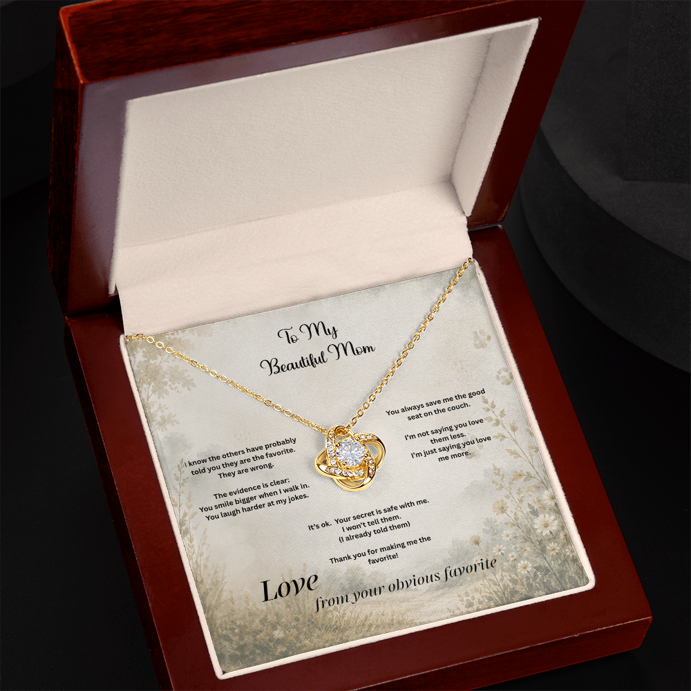 The Favorite Child™ Love Knot Necklace | Funny Mom Gift from Daughter or Son | Birth Order Necklace | Funny Message Card Gift for Mom