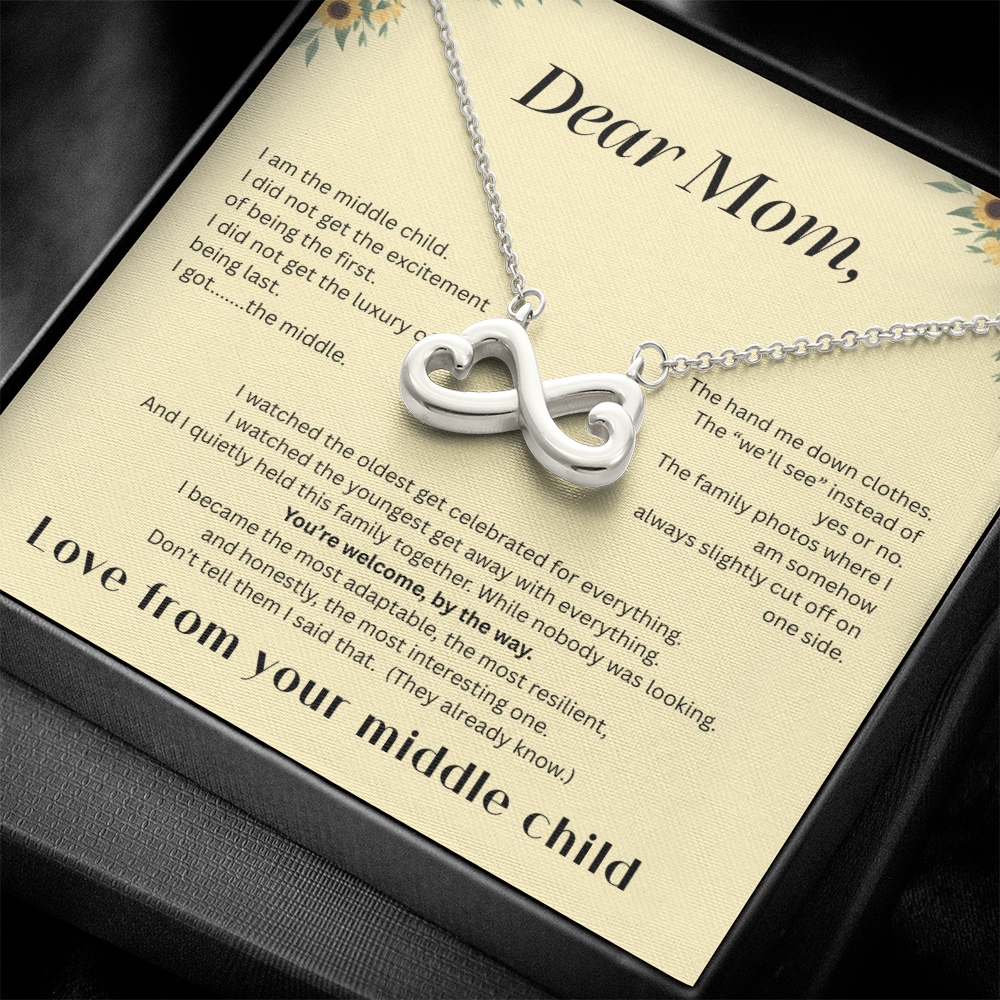 Middle Child™ Love Knot Necklace | Funny Gift for Mom from Middle Child | Birth Order Necklace | Humorous Message Card with ShineOn Necklace