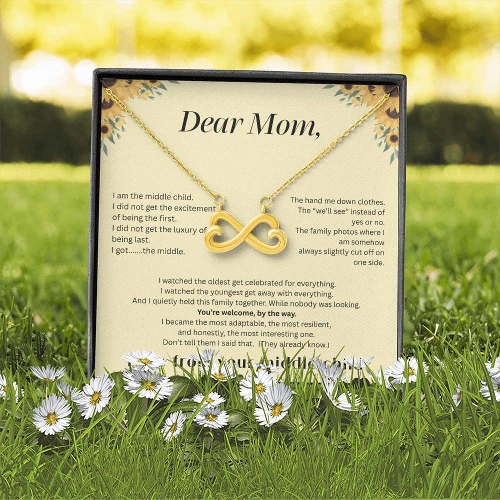 Middle Child™ Love Knot Necklace | Funny Gift for Mom from Middle Child | Birth Order Necklace | Humorous Message Card with ShineOn Necklace
