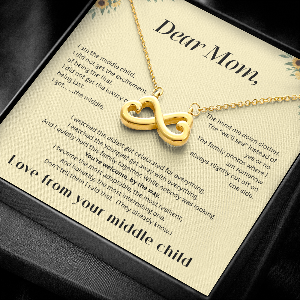 Middle Child™ Love Knot Necklace | Funny Gift for Mom from Middle Child | Birth Order Necklace | Humorous Message Card with ShineOn Necklace