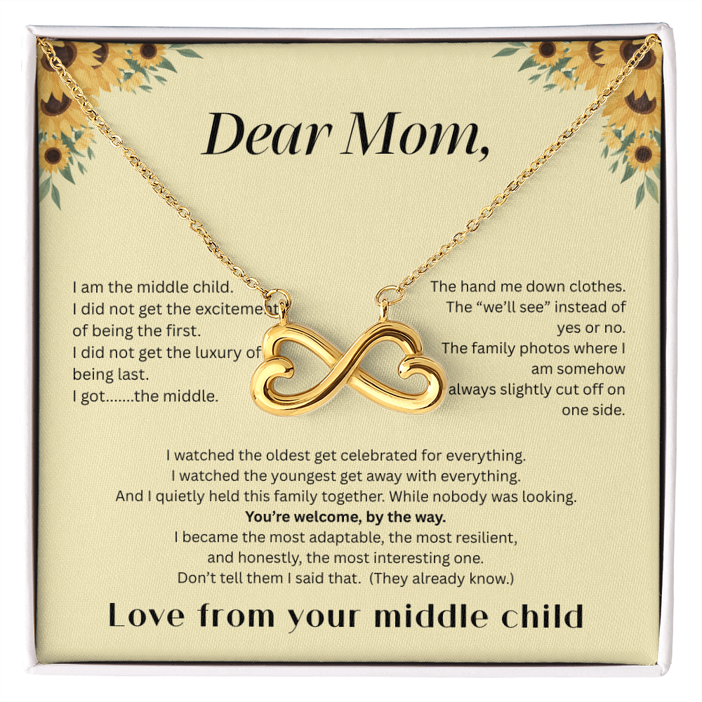 Middle Child™ Love Knot Necklace | Funny Gift for Mom from Middle Child | Birth Order Necklace | Humorous Message Card with ShineOn Necklace