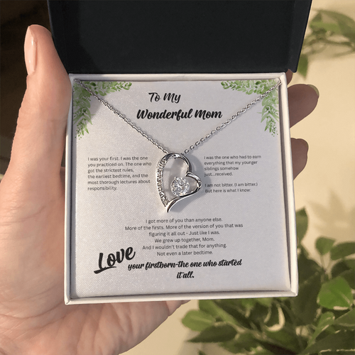 Firstborn™ Love Knot Necklace | Funny Gift for Mom from Her Oldest Child | Birth Order Necklace | Humorous Message Card with ShineOn Necklace