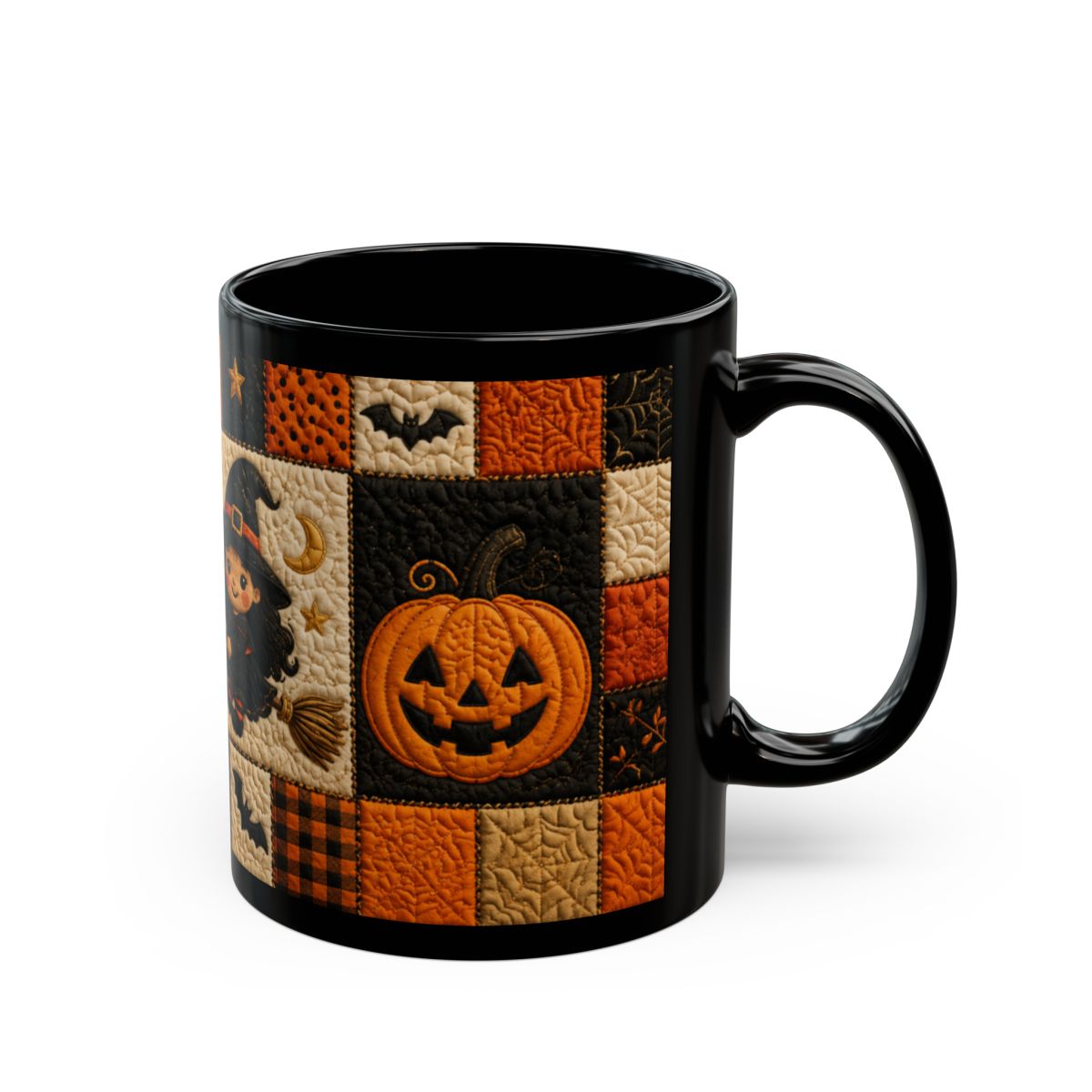 Quilted Halloween Mug – Cute Witch & Black Cat Coffee Cup | Black 11 oz & 15 oz