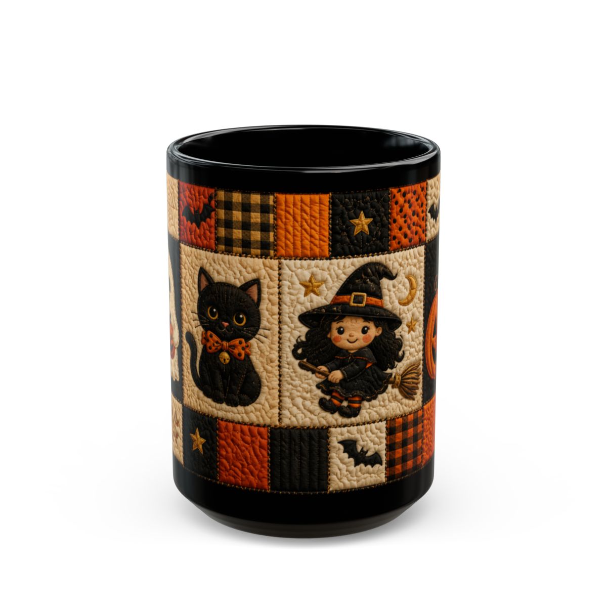 Quilted Halloween Mug – Cute Witch & Black Cat Coffee Cup | Black 11 oz & 15 oz