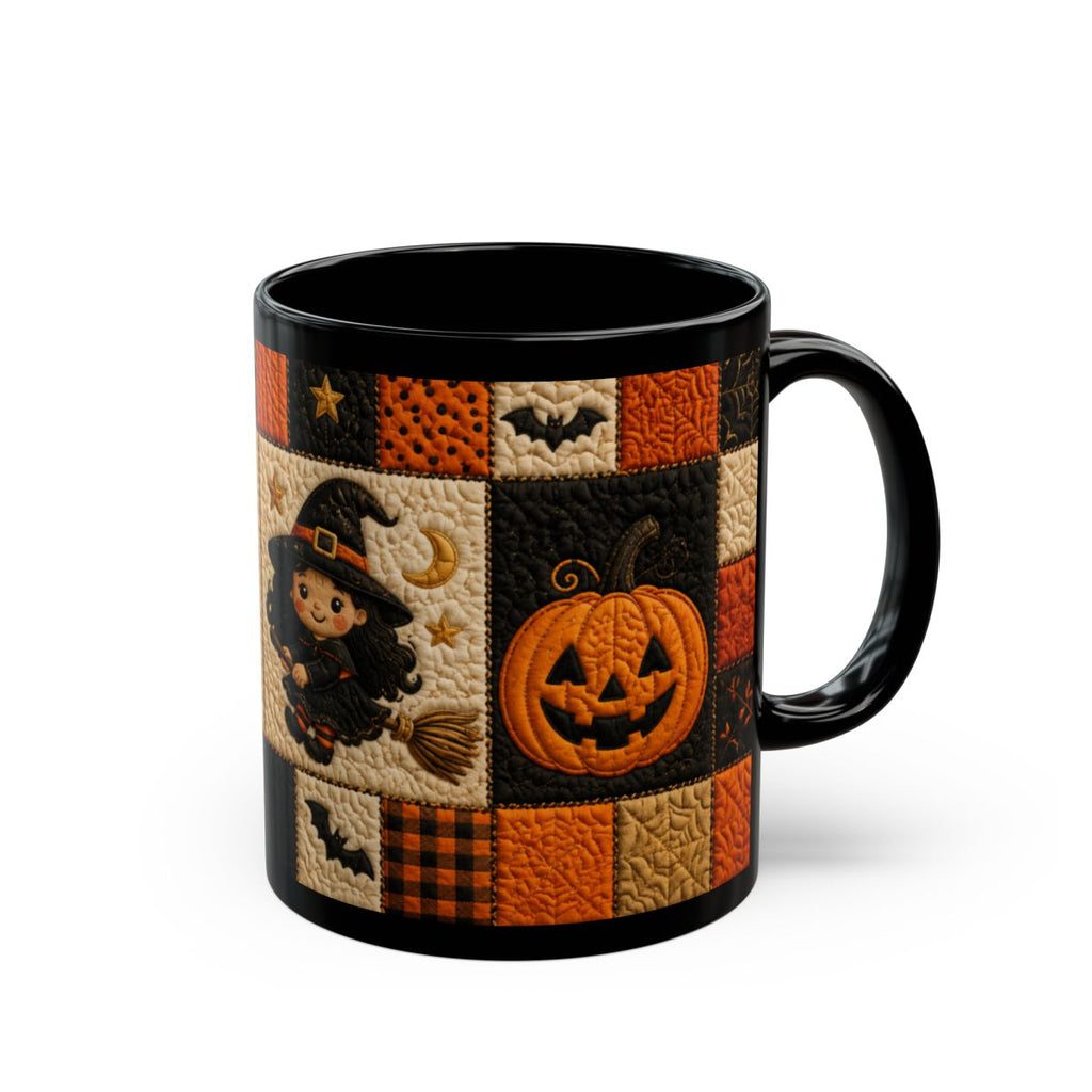 Quilted Halloween Mug – Cute Witch & Black Cat Coffee Cup | Black 11 oz & 15 oz