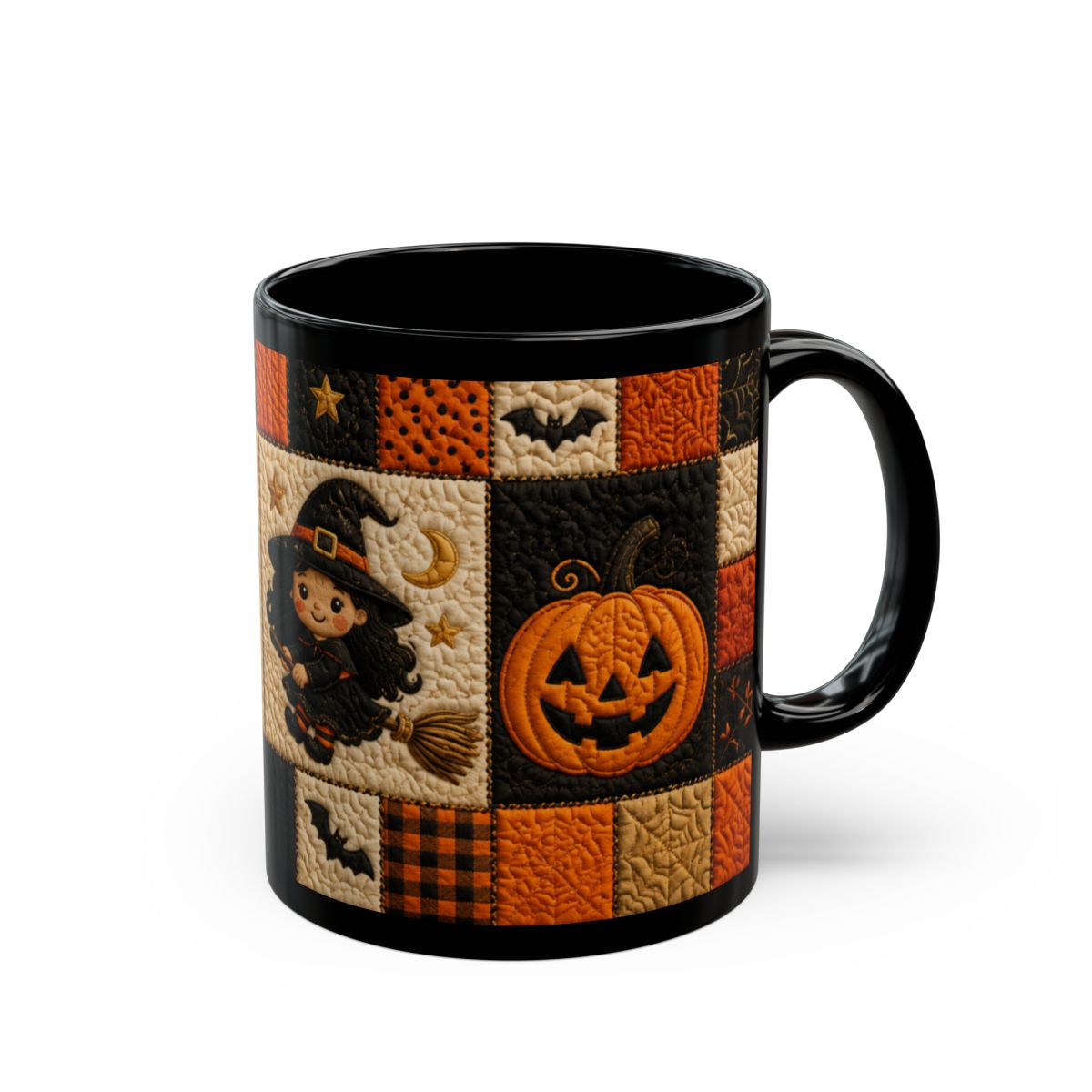 Quilted Halloween Mug – Cute Witch & Black Cat Coffee Cup | Black 11 oz & 15 oz