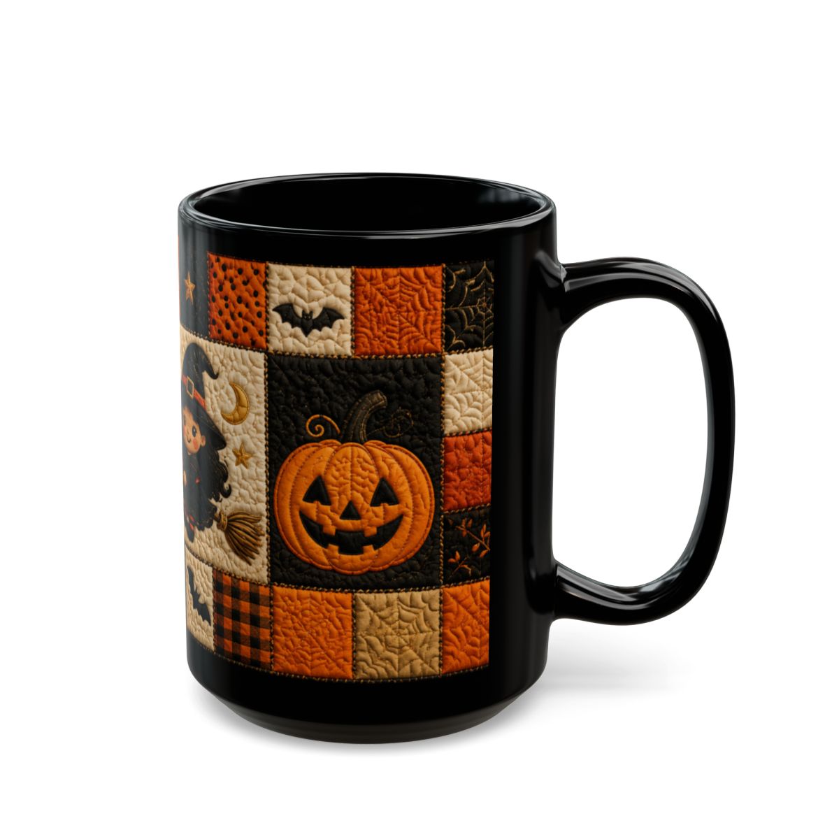 Quilted Halloween Mug – Cute Witch & Black Cat Coffee Cup | Black 11 oz & 15 oz