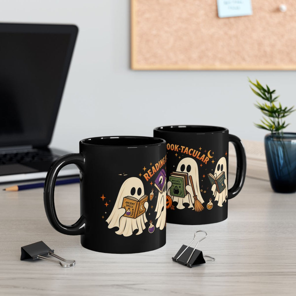 Reading Is Spook-Tacular Halloween Mug – Cute Ghost Book Lover Mug | Black 11 oz & 15 oz