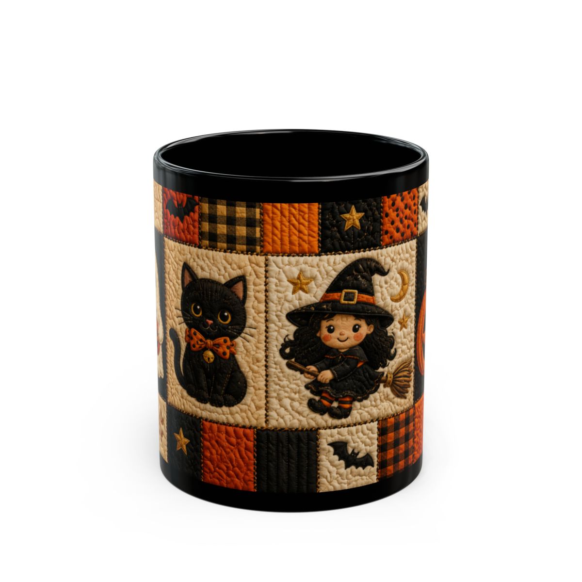 Quilted Halloween Mug – Cute Witch & Black Cat Coffee Cup | Black 11 oz & 15 oz