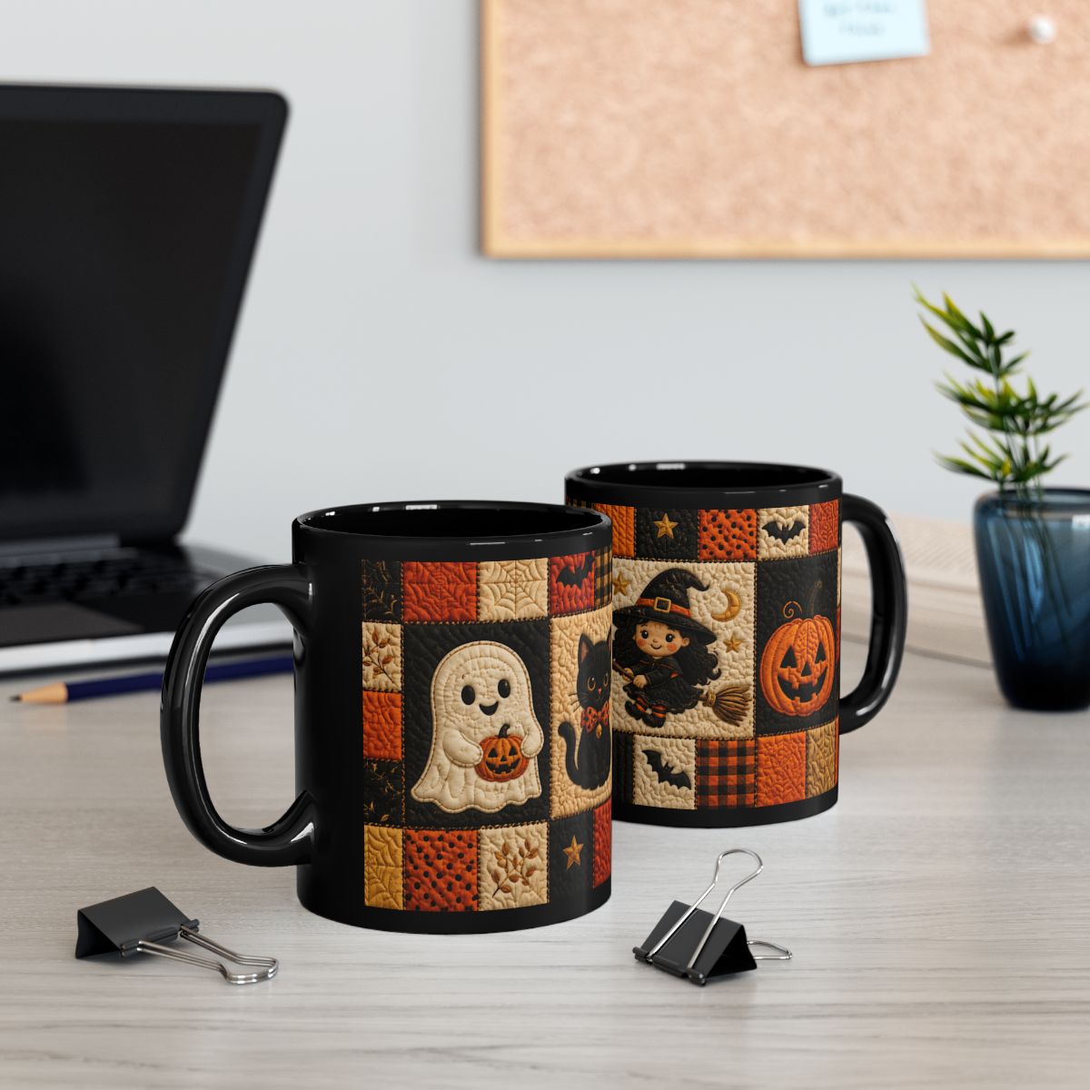 Quilted Halloween Mug – Cute Witch & Black Cat Coffee Cup | Black 11 oz & 15 oz