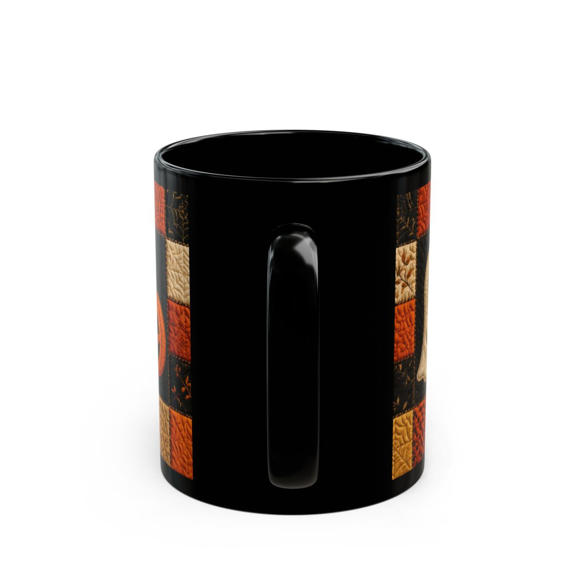 Quilted Halloween Mug – Cute Witch & Black Cat Coffee Cup | Black 11 oz & 15 oz